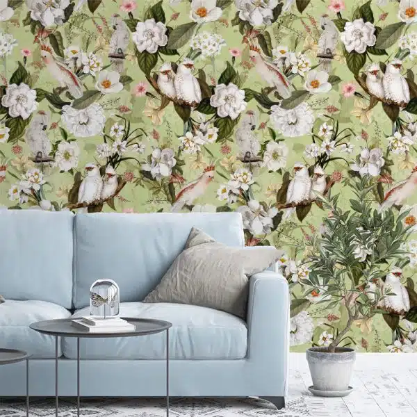 Blush Powder Pink Vintage Parrot Tropical Jungle - Green Wilderness