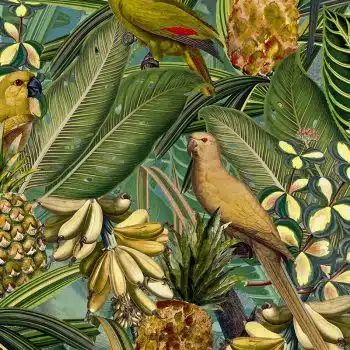 Colorful Birds in Jungle with Bananas - Dark Teal and Green