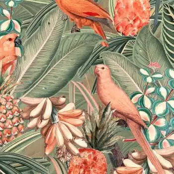 Colorful Birds in Jungle with Bananas - Peach and Green