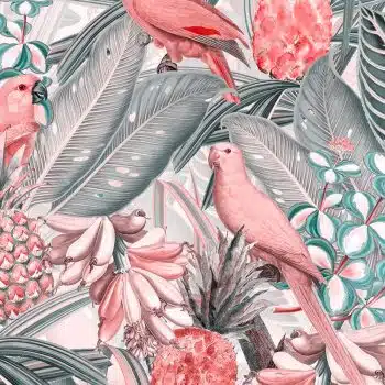 Colorful Birds in Jungle with Bananas - Pink Grey