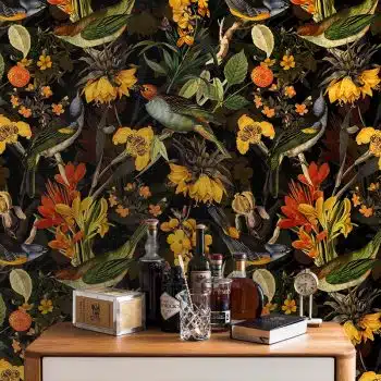 Colorful Birds and Redouté Flowers - Black