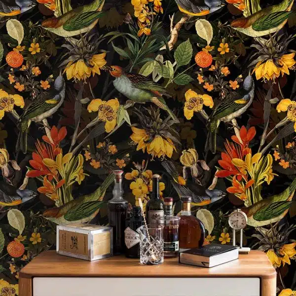 Colorful Birds and Redouté Flowers - Black