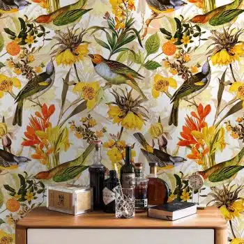 Colorful Birds and Redouté Flowers - White