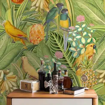 Colorful Birds in Jungle with Bananas