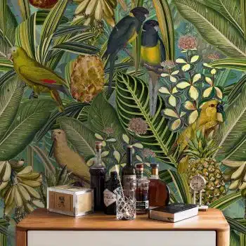 Colorful Birds in Jungle with Bananas - Dark Teal and Green