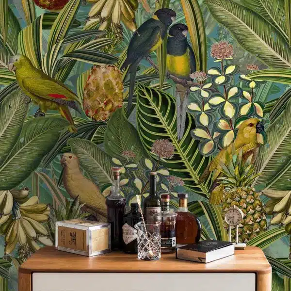 Colorful Birds in Jungle with Bananas - Dark Teal and Green