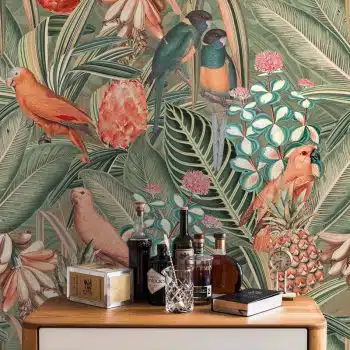 Colorful Birds in Jungle with Bananas - Peach and Green