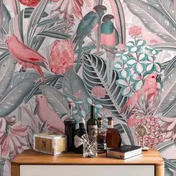 Colorful Birds in Jungle with Bananas - Pink Grey