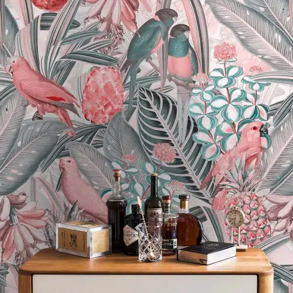 Colorful Birds in Jungle with Bananas - Pink Grey