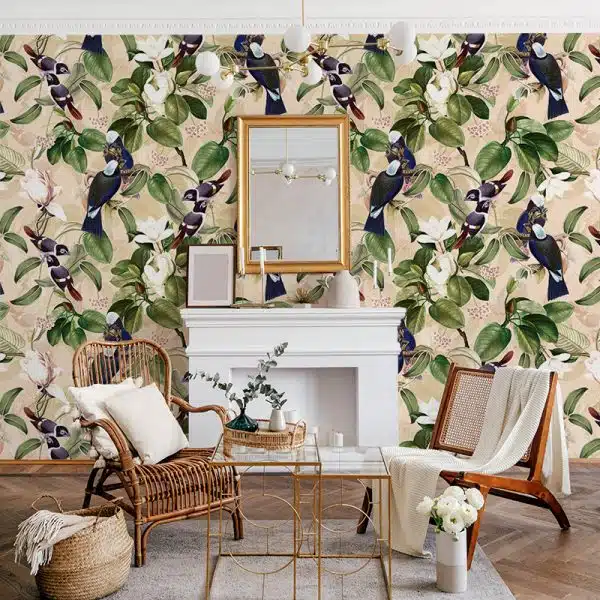Exotic Blue Birds And Magnolia Garden - Cream