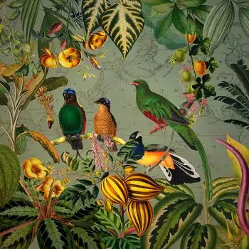 Green Tropical Birds with Yellow Flowers