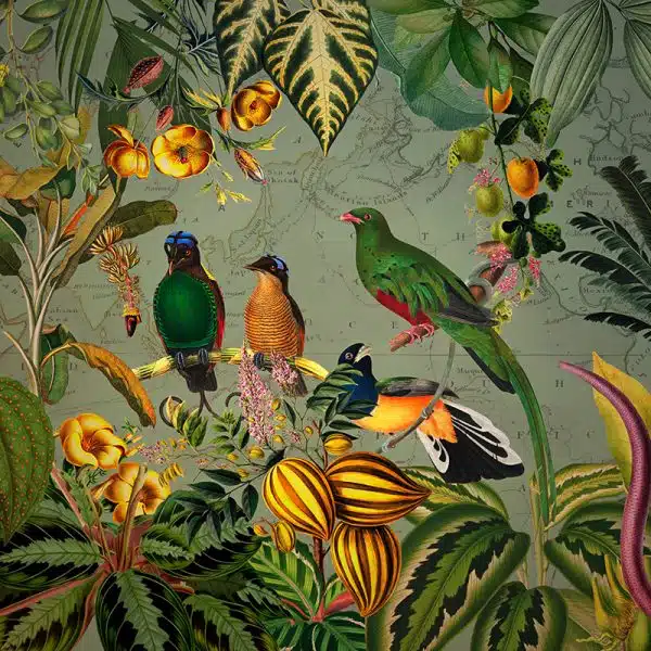 Green Tropical Birds with Yellow Flowers – Bild 2