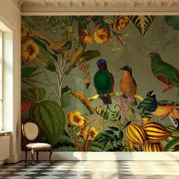 Green Tropical Birds with Yellow Flowers