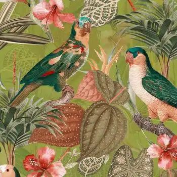 Parrots with orchids and hibiscus in jungle - Orange