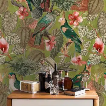 Parrots with orchids and hibiscus in jungle - Orange