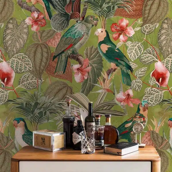 Parrots with orchids and hibiscus in jungle - Orange