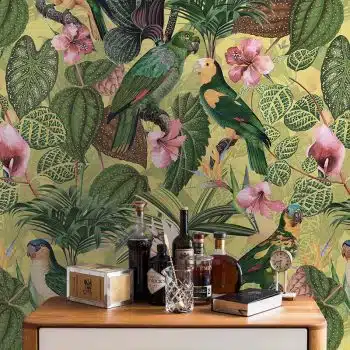 Parrots with orchids and hibiscus in jungle - Pale