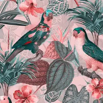 Parrots with orchids and hibiscus in jungle - Pink Grey