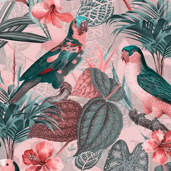 Parrots with orchids and hibiscus in jungle - Pink Grey – Bild 2