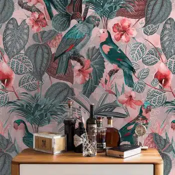 Parrots with orchids and hibiscus in jungle - Pink Grey
