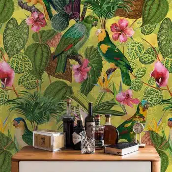 Parrots with orchids and hibiscus in jungle