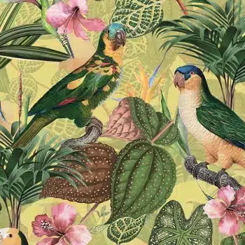 Parrots with orchids and hibiscus in jungle - Pale