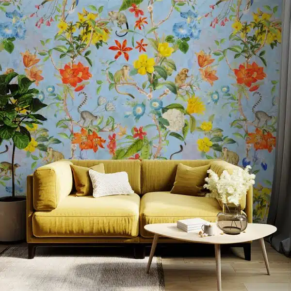 Pastel Tropical Monkey And Flowers Chinoiserie - Blue