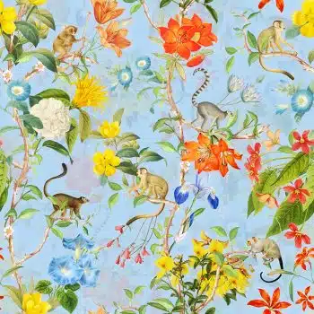 Pastel Tropical Monkey And Flowers Chinoiserie - Blue