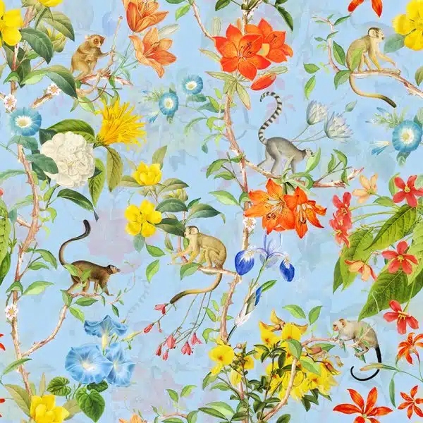 Pastel Tropical Monkey And Flowers Chinoiserie - Blue – Bild 2