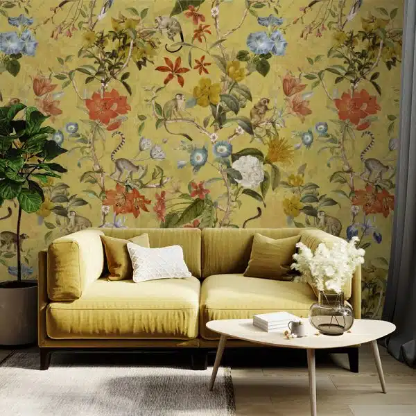 Pastel Tropical Monkey And Flowers Chinoiserie - Mustard