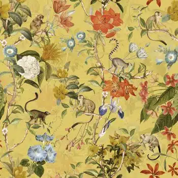 Pastel Tropical Monkey And Flowers Chinoiserie - Mustard