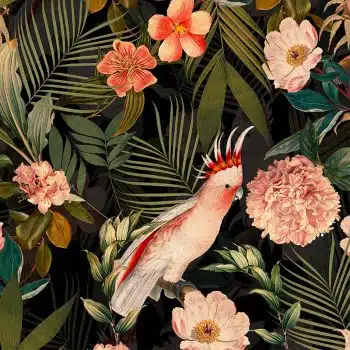 Pink Cockatoos Flowers And Palm Leaves - Shiny Night