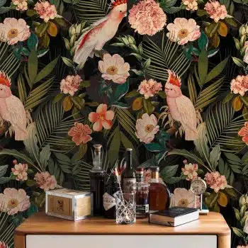Pink Cockatoos Flowers And Palm Leaves - Shiny Night