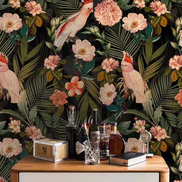 Pink Cockatoos Flowers And Palm Leaves - Shiny Night