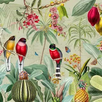 Red Tropical Birds with Fruit and Flowers