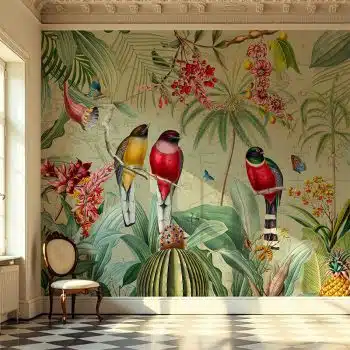 Red Tropical Birds with Fruit and Flowers