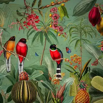 Red Tropical Birds with Fruit and Flowers - Darker