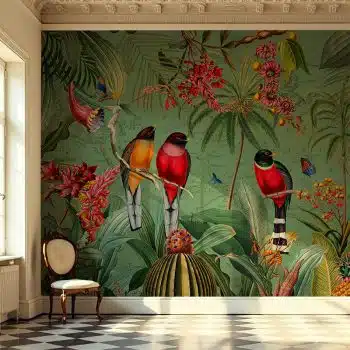 Red Tropical Birds with Fruit and Flowers - Darker