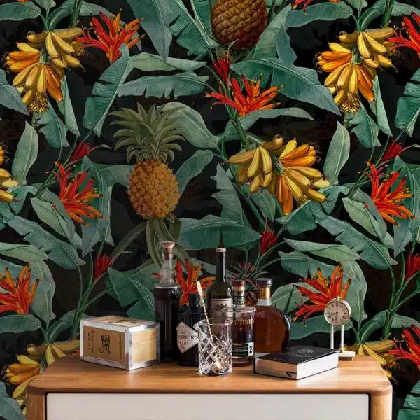 Tropical Leaves Pineapples and Bananas - Black