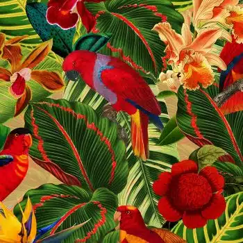 Tropical jungle with red parrots