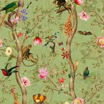 Vintage Birds and Monkeys Chinoiserie - Green