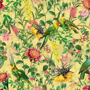 Vintage Parrot Exotic Flower Jungle - Yellow