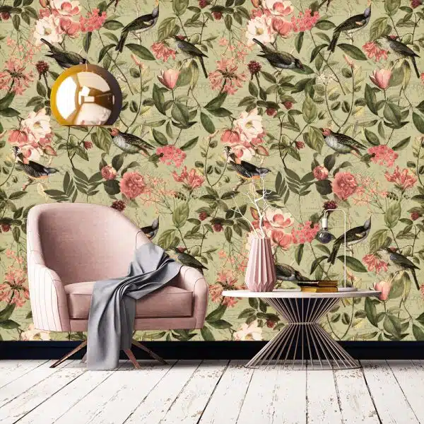 Vintage Sepia Bird and Flower Jungle