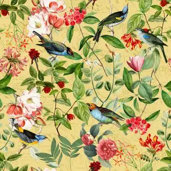 Vintage Sepia Bird and Flower Jungle - Buttercup