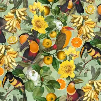 Vintage Toucans and Tropical Fruits - Green