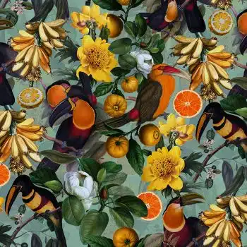 Vintage Toucans and Tropical Fruits - Teal