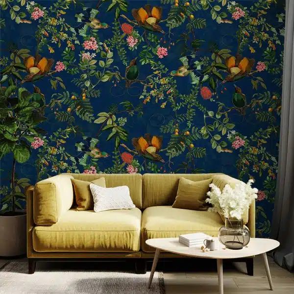Vintage Tropical Birds Jungle - Navy