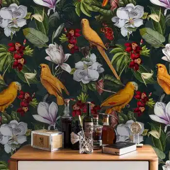 Yellow Parrots In Tropical Flower Magnolia Jungle - Petrol