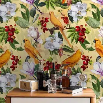 Yellow Parrots In Tropical Flower Magnolia Jungle – Shiny Yellow
