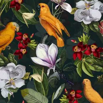 Yellow Parrots In Tropical Flower Magnolia Jungle - Petrol